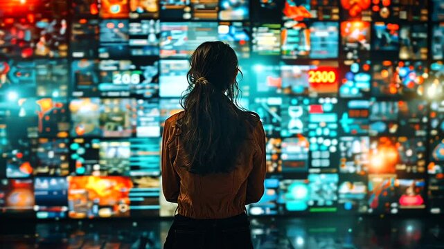 Woman views data wall, futuristic info overload, technology