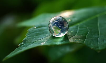 Water drop and leaf with Earth symbolizing nature, sustainability, and climate change awareness.