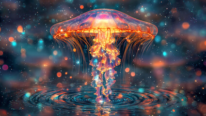 Mystical Jellyfish Floating in a Starry Ocean with Luminescent Trail