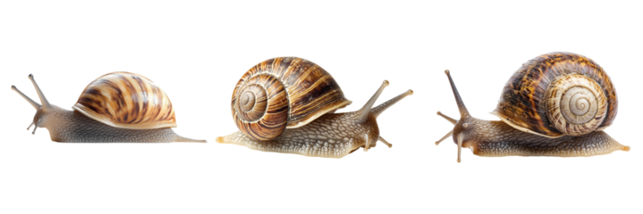 Snails with Distinct Shell Patterns Aligned Side by Side on Transparent Checkered Background