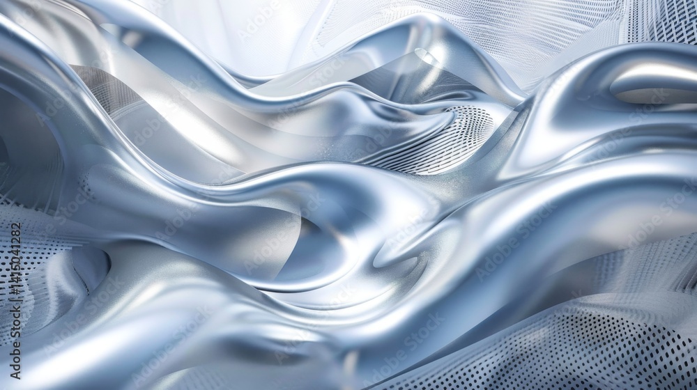 Poster d wavy iridescent shape creates a mesmerizing abstract pattern, with soft reflections and fluid desi