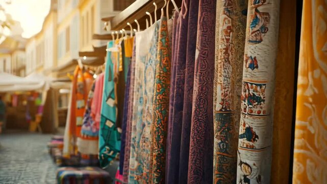 A colorful display of scarves hangs on a rack in a market. The scarves are of various colors and patterns, and they are arranged in a way that catches the eye of passersby. The scene is lively