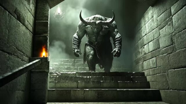 A monster with horns and a chain around its neck is walking down a stone staircase. The scene is dark and ominous, with the monster looming over the steps