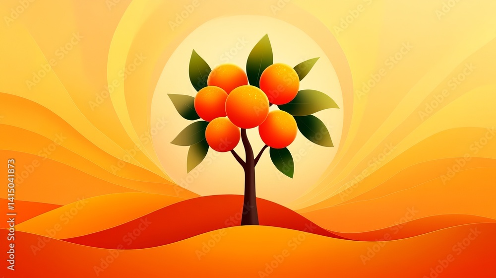 Poster orange tree stands prominently featuring multiple oranges and green leaves in front of abstract back