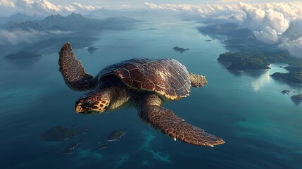 Obraz premium Sea turtle soaring over islands