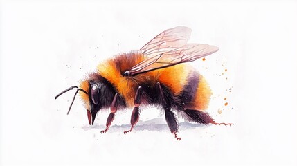 Watercolor Detailed illustration of a honeybee with vibrant colors and intricate features.