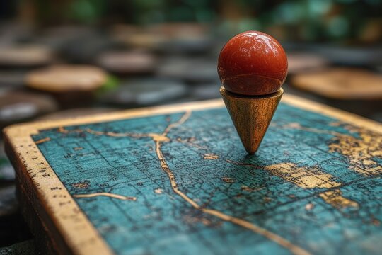 Exploring an old map with a red pointer marking a significant location amidst nature's backdrop