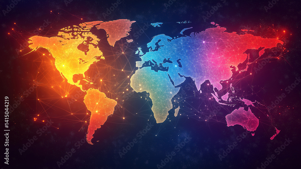 Poster global network connection and big data analytics concept with world map and digital business links
