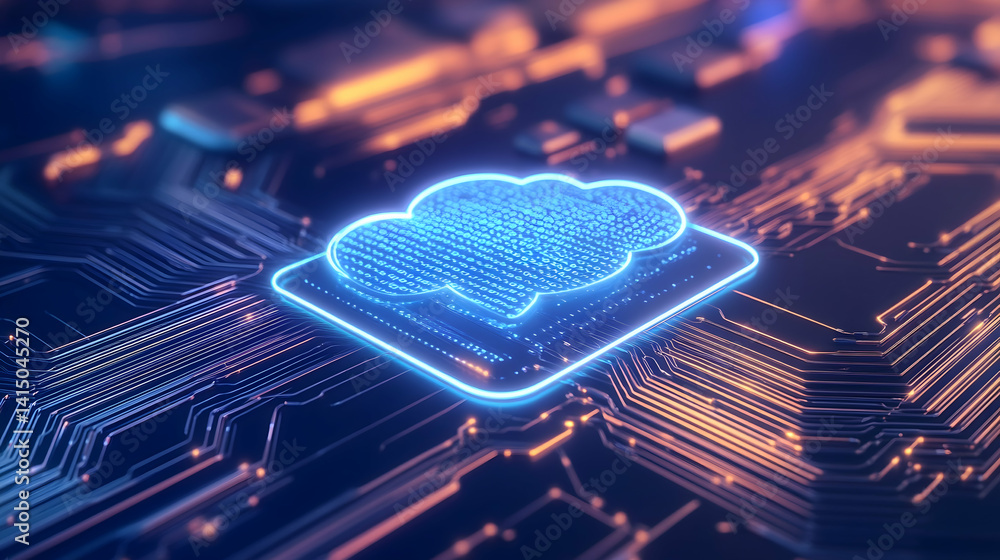 Aufkleber glowing cloud data symbol on circuit board . generative ai