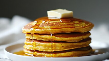 A stack of fluffy pancakes drizzled with syrup and topped with a pat of butter, showcasing a classic breakfast dish.