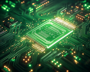 Glowing central processing unit on a green circuit board . Generative AI