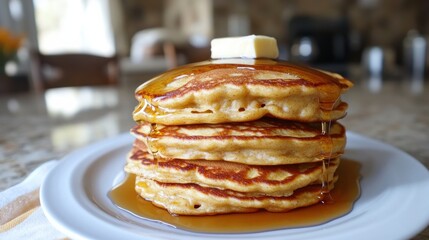 A stack of fluffy pancakes drizzled with syrup and topped with a pat of butter, showcasing a classic breakfast dish.