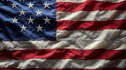 Close-up view of a weathered American flag.