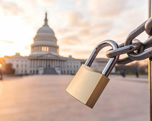 Padlocked government building at sunrise . Generative AI
