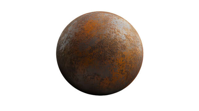 A completely metal steel ball that has started to corrode slowly, a spherical metal ball of large weight on a transparent background.