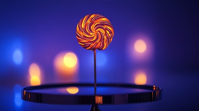 A luxury lollipop with glowing patterns displayed on a reflective dessert stand 