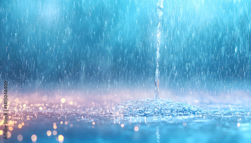 Poster rainwater pouring onto a shimmering surface, creating a splash and bokeh effect . generative ai