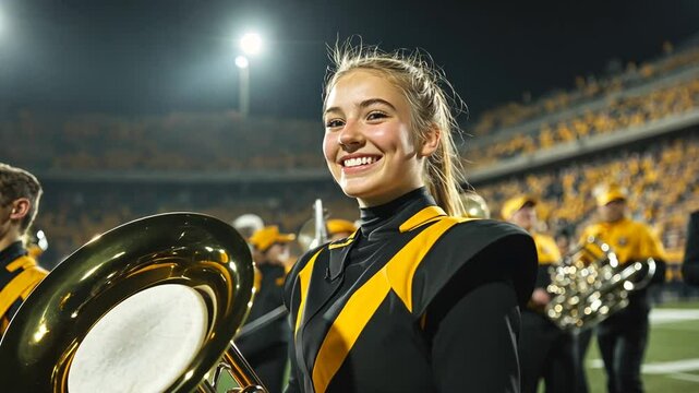 Young talented female tuba player smiles brightly during college marching band show