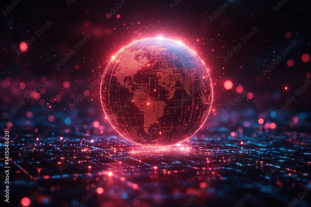 Poster glowing digital globe representing interconnected data and technology in a futuristic setting