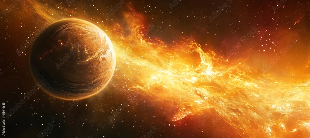 Poster a dynamic image of a rogue planet wandering through interstellar space, with glowing energy and vibr