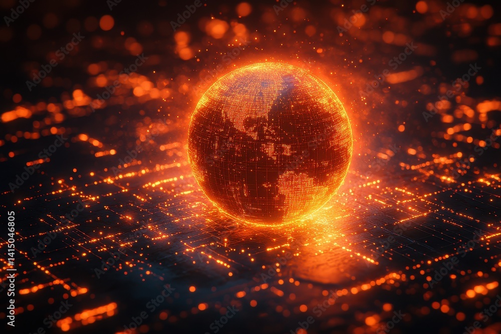 Poster digital globe illuminated by glowing orange lights against a dark background representing technology
