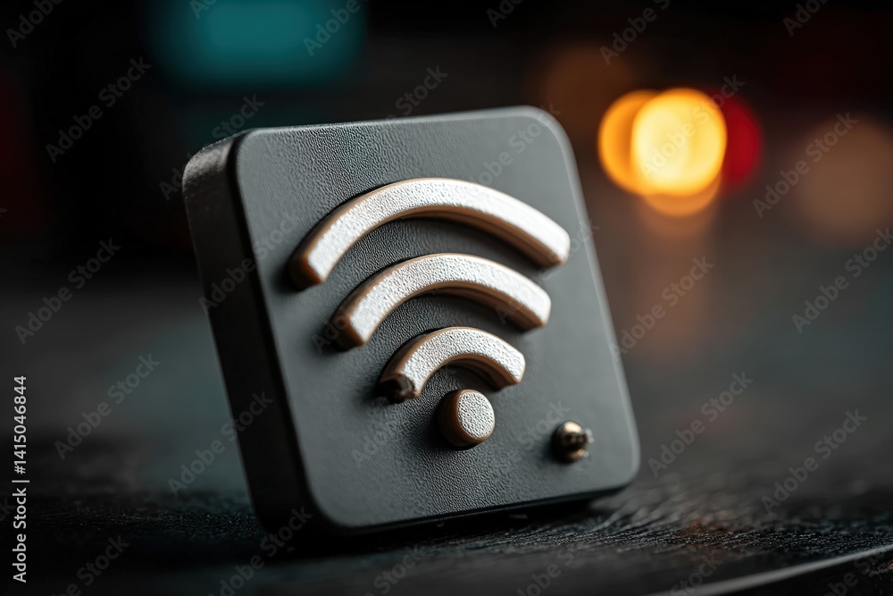 Poster a close-up of a wi-fi symbol on a dark surface, illuminated by blurred lights in the background, rep