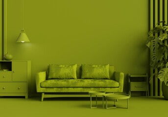 Bright Green Monochrome Empty Room with Sofa and furniture. Elegant Contemporary Interior. Minimal 3D rendering.