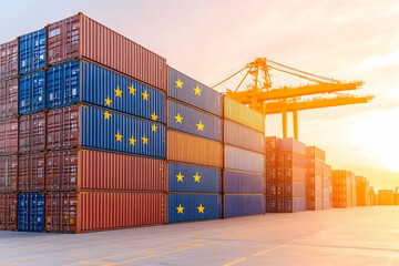 Sunset view of stacked shipping containers at a port, some showing European Union flag . Generative AI
