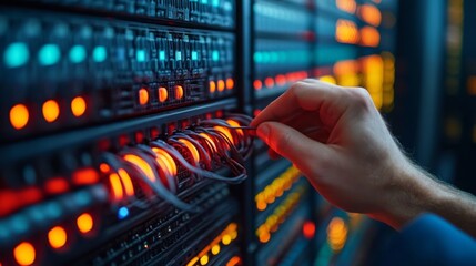 Network engineer connects high-speed cables in a bustling data center environment during peak operational hours