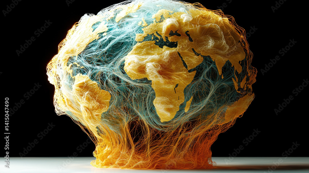 Poster digital globe visualizing global internet traffic with neon data streams connecting major cities wor