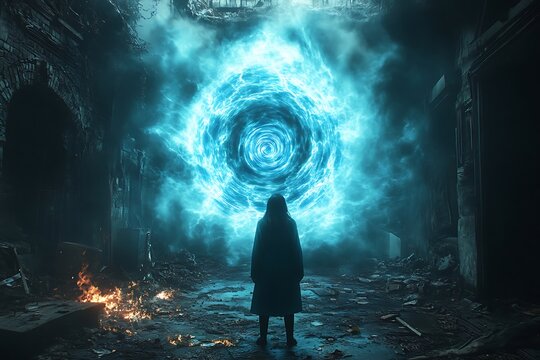 Mysterious portal awaits a solitary figure in a ruined city.