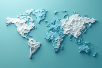 Three-dimensional world map with textured landmass and ocean in blue and white colors displayed against a solid teal background