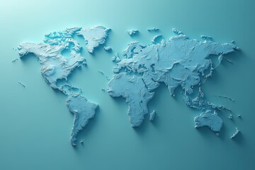 Detailed world map in relief style showcasing continents and ocean topography on a light blue background