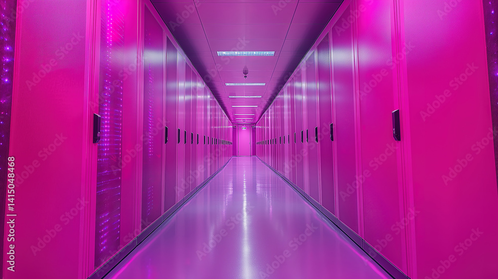 Poster corridor in a working data center filled with rack servers, supercomputers, and high-speed internet