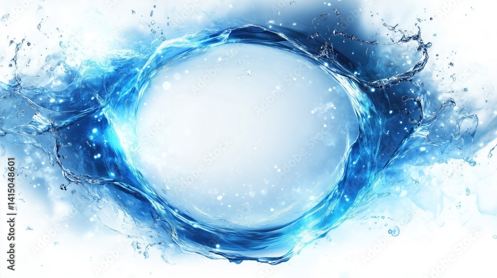 Poster dynamic water splash creating a circular frame, evoking freshness and vitality, perfect for backgrou