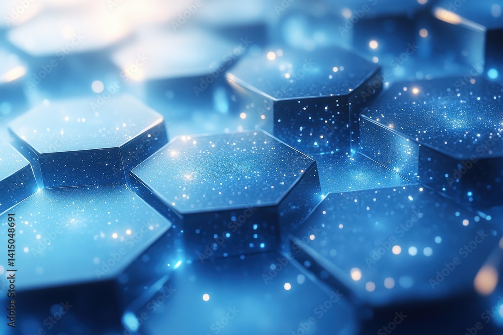 Poster hexagonal patterns reflect light in an abstract futuristic design with shimmering particles and brig