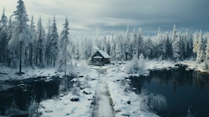 Secluded Winter Cabin by Frozen Lake in Snowy Forest