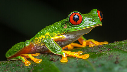 Obraz premium Red-Eyed Tree Frog Clinging to a Leaf in the Rainforest