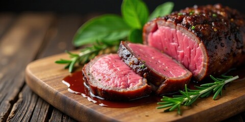Sliced roasted beef tenderloin, seasoned with herbs, resting on a wooden cutting board with rosemary sprigs and a rich red sauce