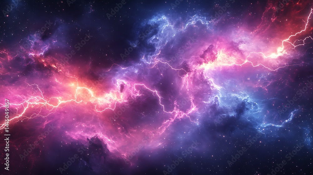 Poster a dynamic image of a cosmic storm in a distant star system, with vibrant energy fields and glowing l