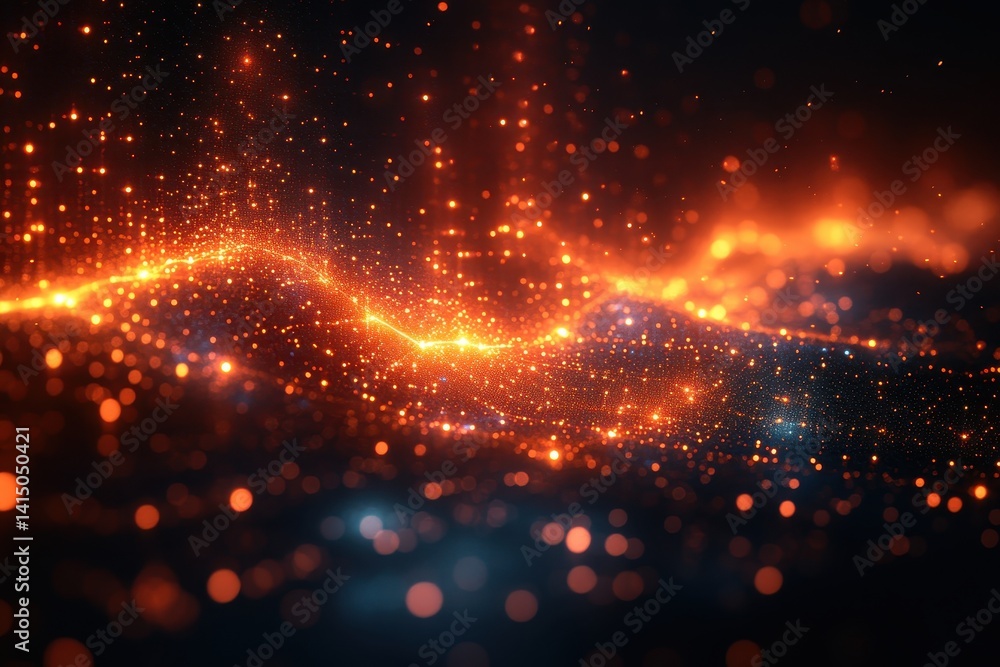 Poster colorful abstract pattern of shimmering lights flowing in a wave-like design across a dark backgroun