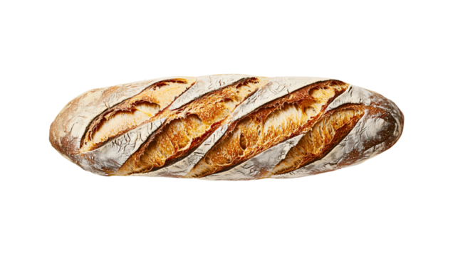 A large baguette baked in a wood-fired oven with white flour, a traditional baguette with a fine taste, on a transparent background.