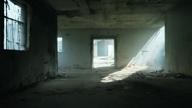 Exploring decaying building with light beams, dolly shot