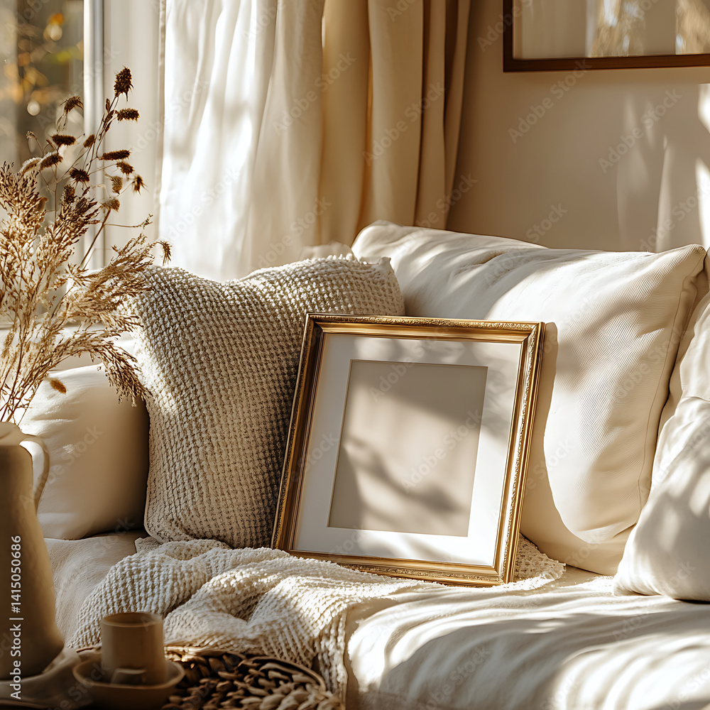 Poster closeup of photo frame resting on cozy sofa in sunny room, surrounded by soft pillows and decorative