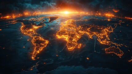 Fiery global sunrise, world map ablaze with light.