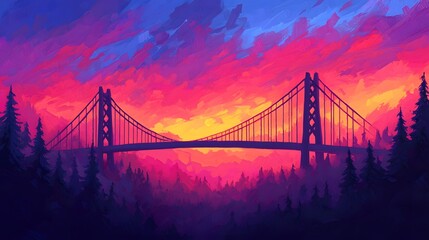 Obraz premium Majestic suspension bridge across a dramatic mountain landscape at sunset