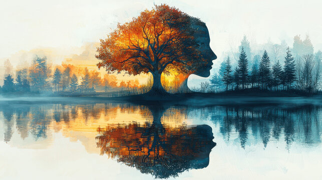 Tree-shaped neural network symbolizes cognitive processes emerging from a reflective person's mind in a serene setting
