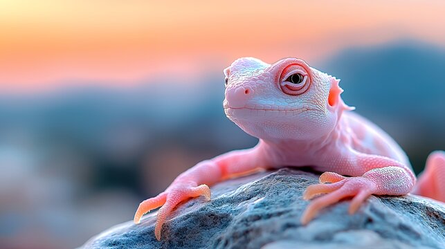 Pastel pink lizard basking on rock at sunset