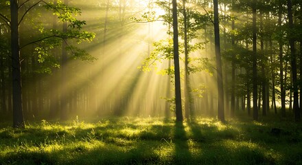 Fototapeta premium Forest with Sunlight Filtering Through Trees – Nature Conservation Theme
