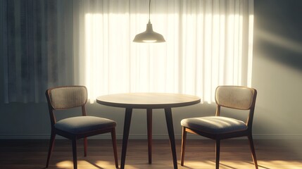 Cozy and minimalist room with round table and chairs